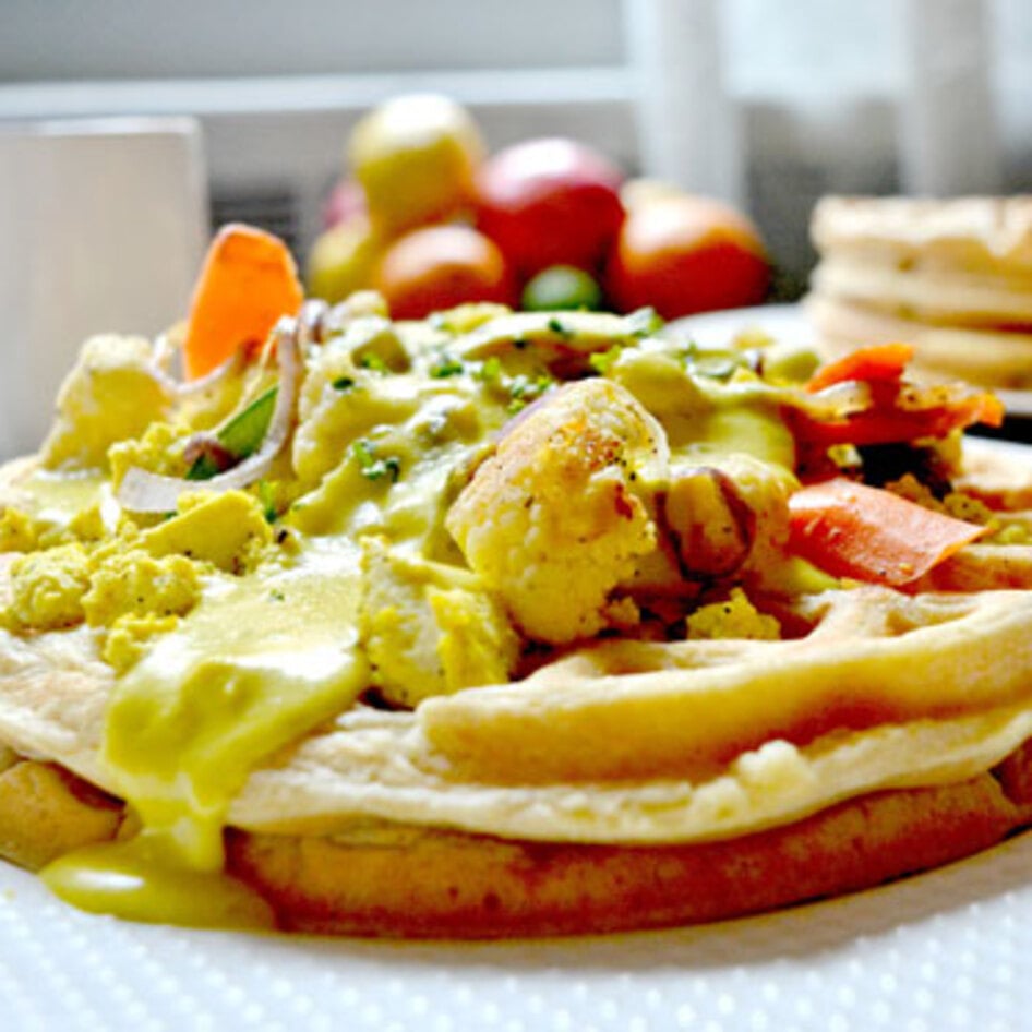 Savory Vegan Waffle With Cheddar Fondue