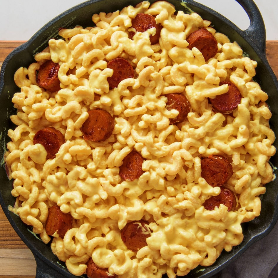 Plant-Based Bratwurst Mac and Cheese