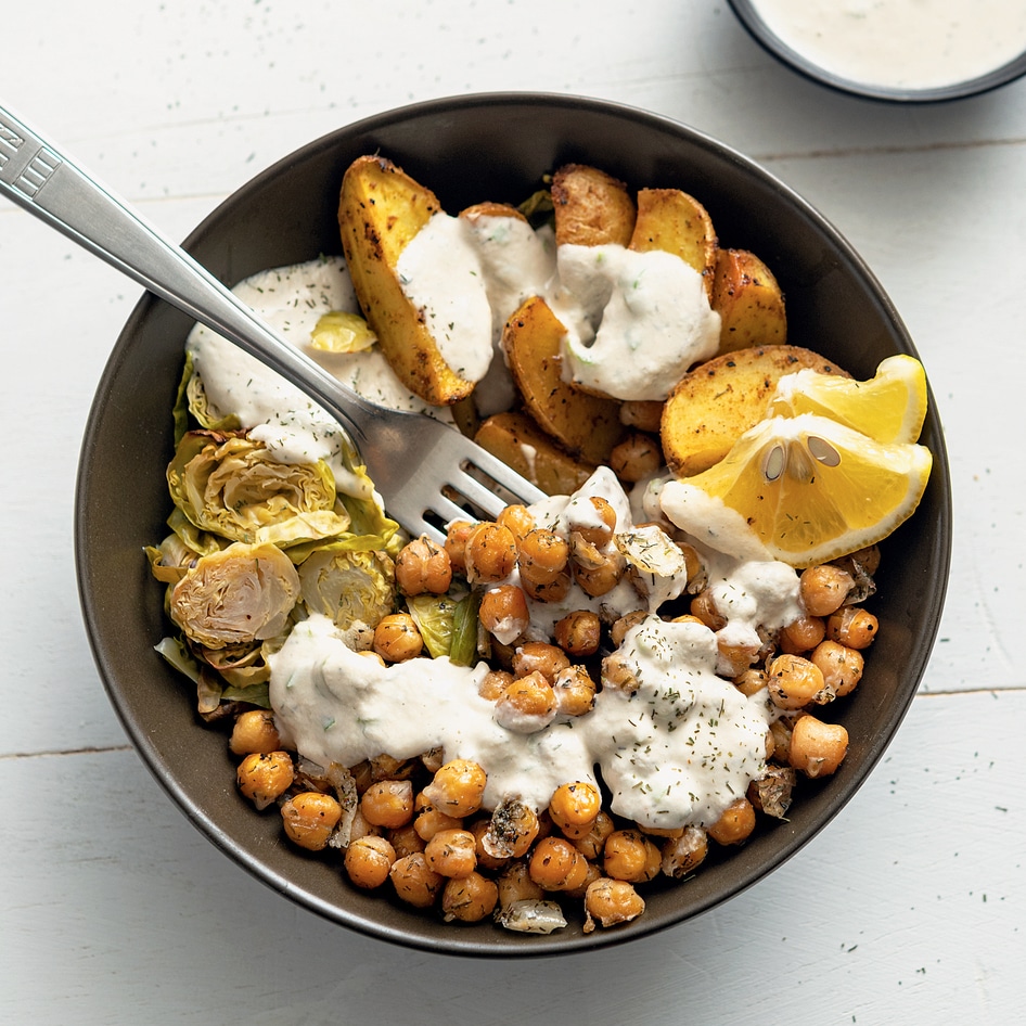 Vegan Dill-Roasted Chickpea and Lemony Potato Buddha Bowls