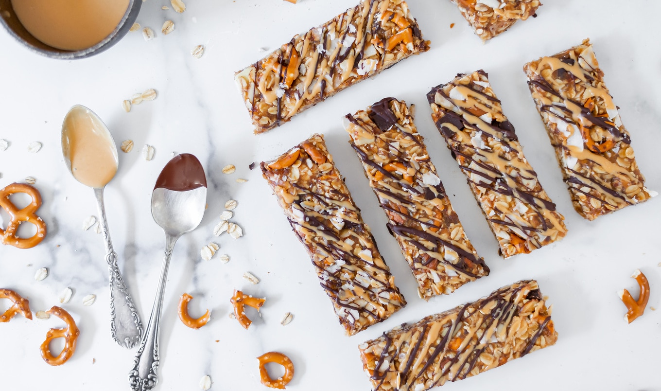 Vegan Chocolate Peanut Butter Granola Bars With Pretzels and Coconut