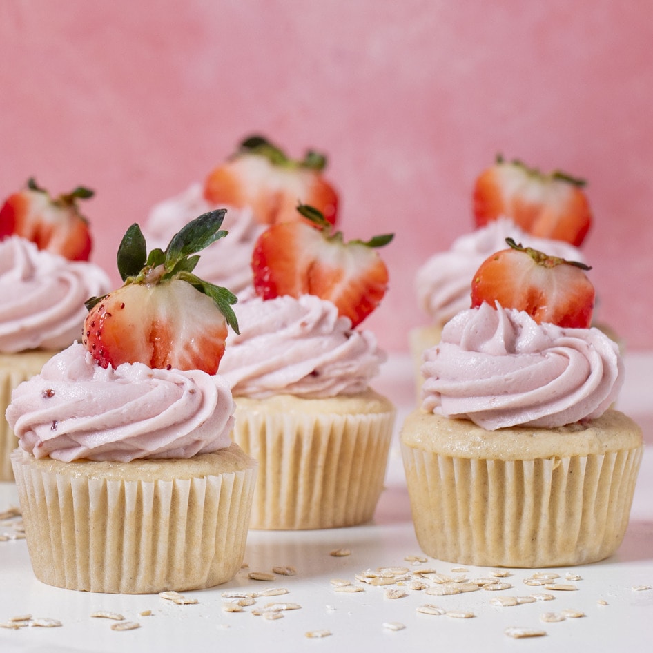 Vegan Buttermilk Oat Cupcakes With Strawberry Buttercream Frosting