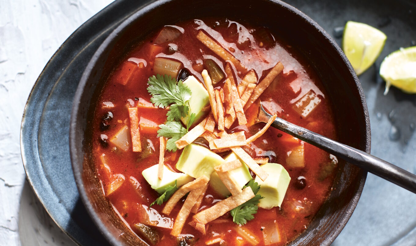 Mexican Tortilla Soup With Black Beans and Avocado
