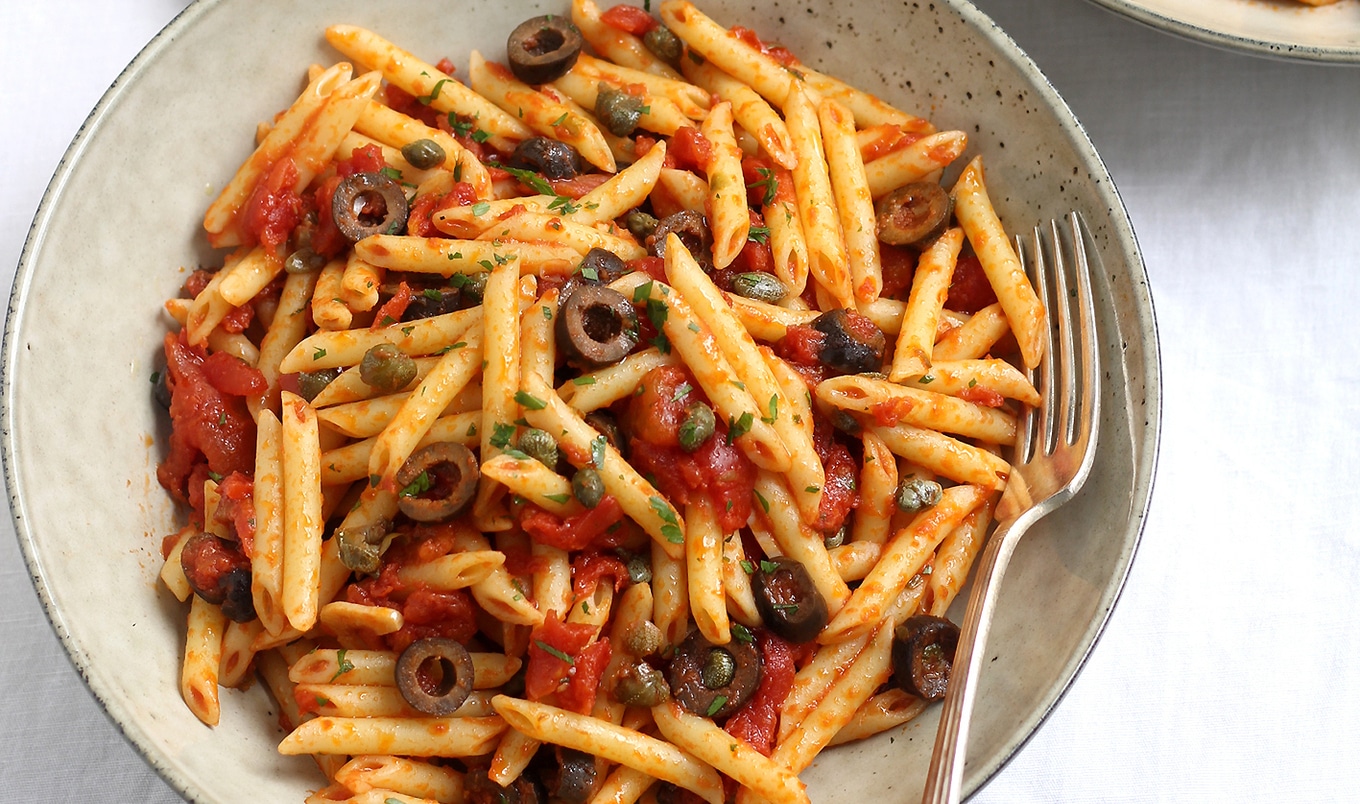 Vegan Penne Puttanesca With Salty Olives and Capers