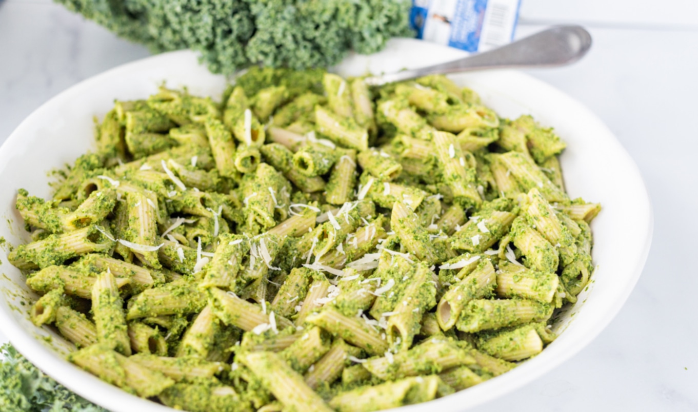 Two-Step Oil-Free Vegan Kale Pesto Pasta