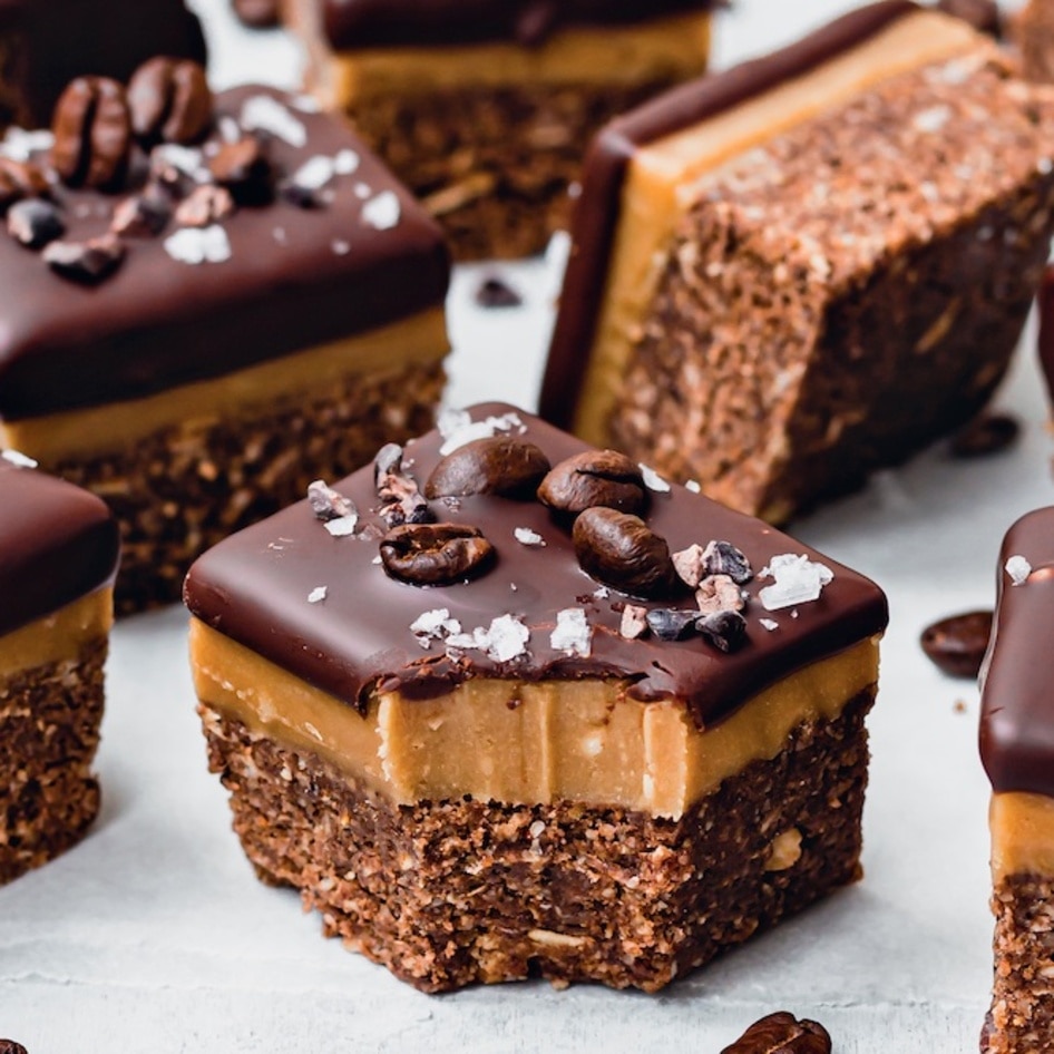 No-Bake Vegan Chocolate Espresso Caramel Bars