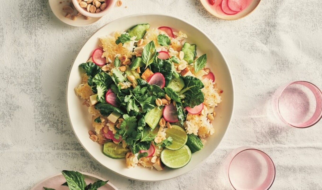 Vegan Crispy Rice Salad With Smashed Cucumbers and Spicy Pickled Radishes