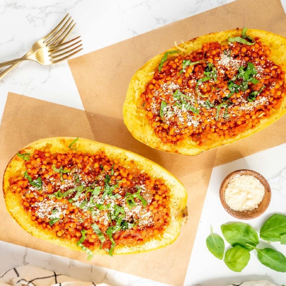 Lentil Bolognese Spaghetti Squash Boats