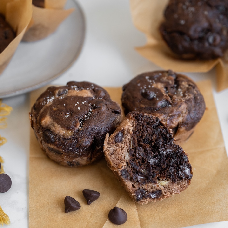 Chocolate Espresso Peanut Butter Protein Muffins