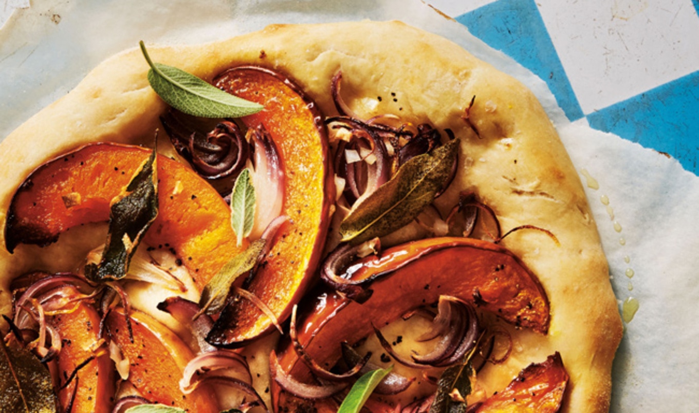 Vegan Pizzette With Roasted Pumpkin, Red Onion, and Sage
