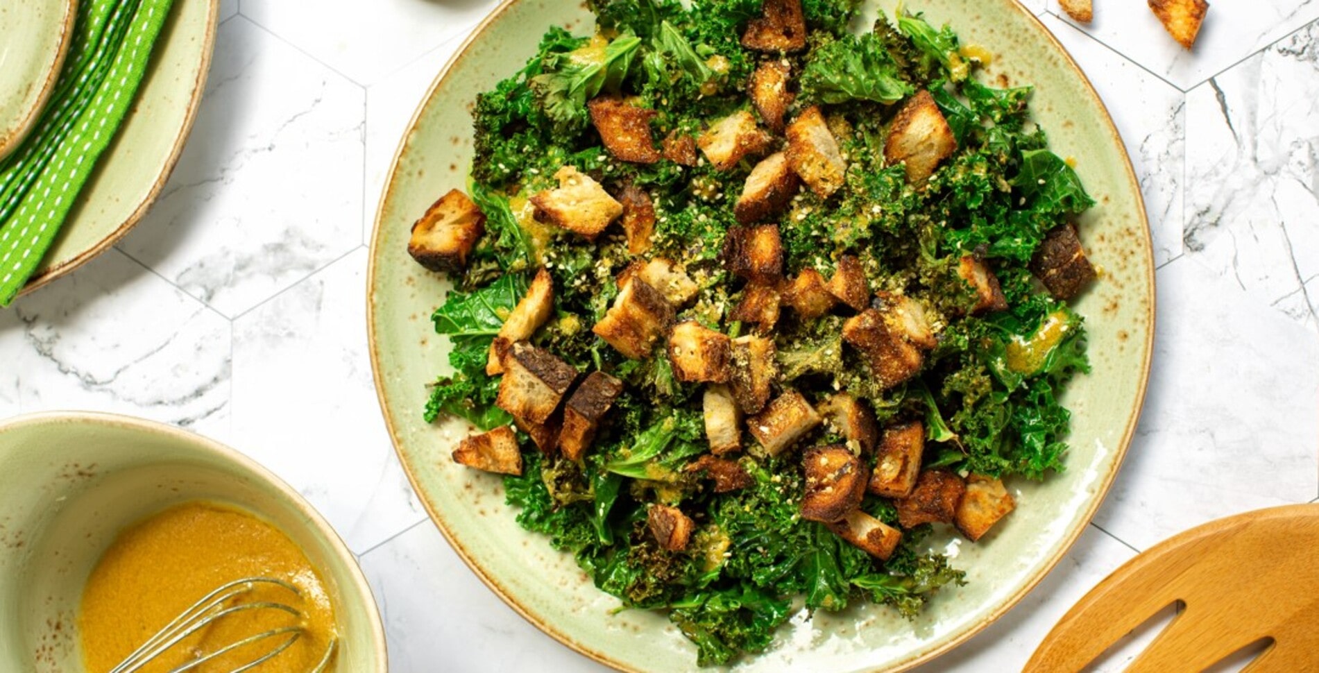 Vegan Kale Caesar Salad With Sourdough Croutons
